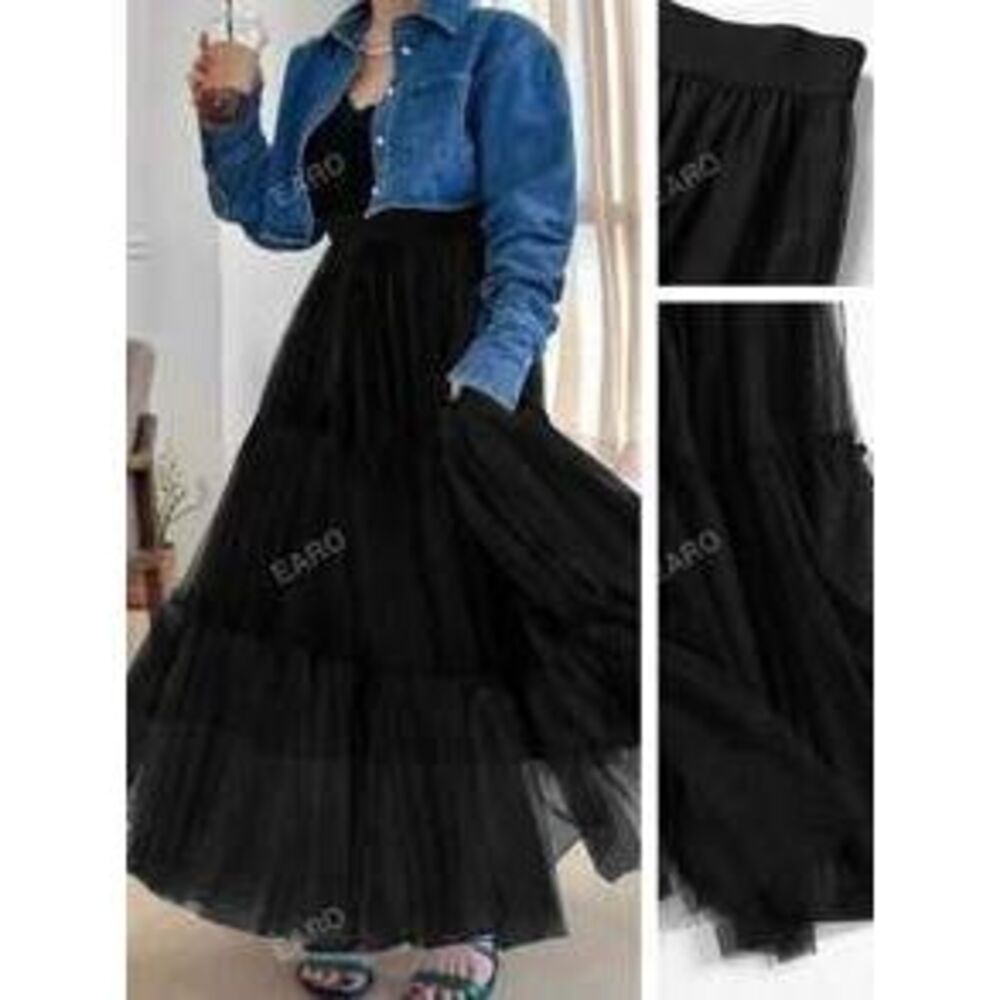 Plus Size Women Solid Color Elastic Waist Mesh Netting Multiple Layer Ruffled H…